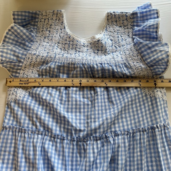 J. MARIE Blue Gingham Ruffle Sleeve Embroidered Beachy Tiered Midi Dress Size XL - Picture 7 of 9